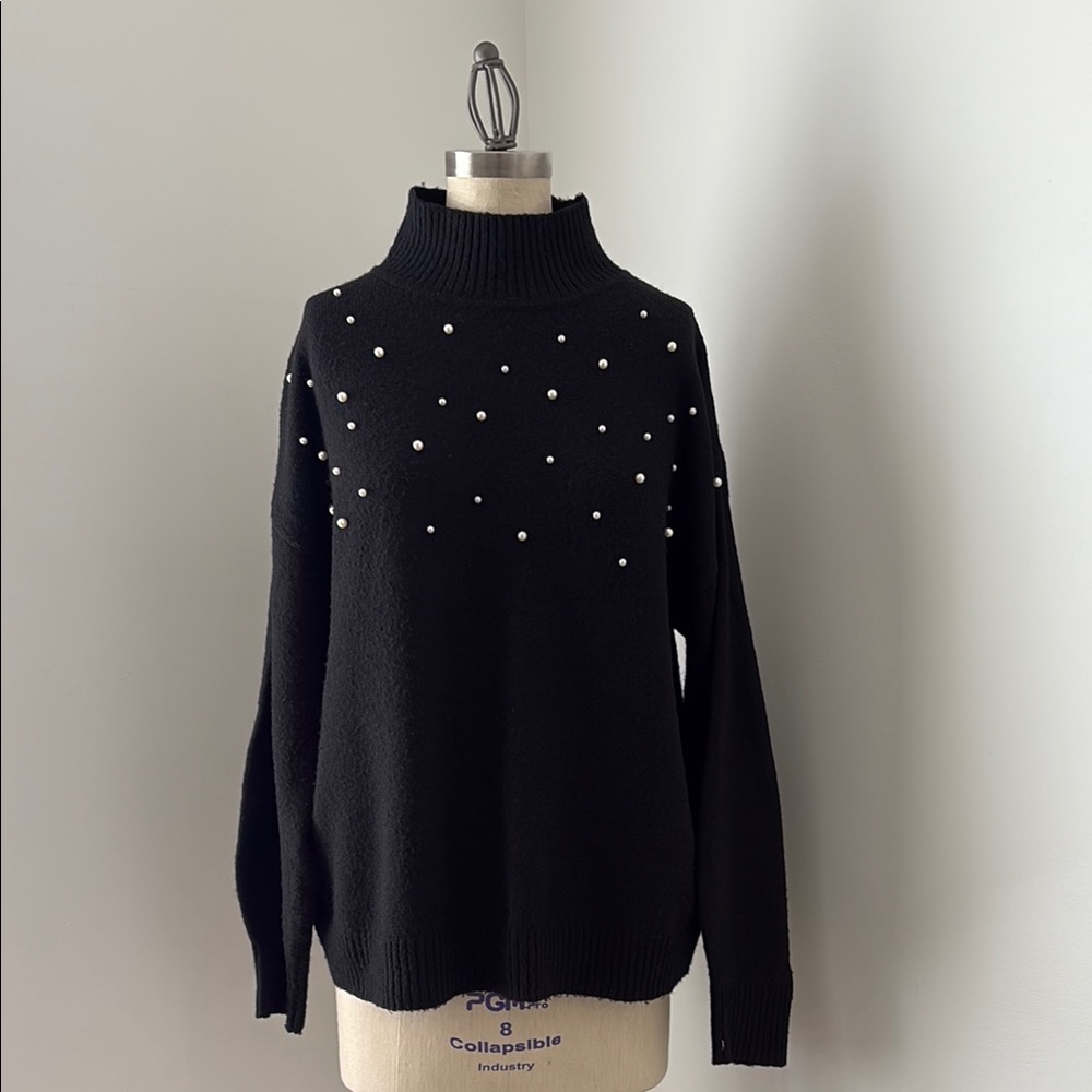 Black Pearl-Embellished Turtleneck Sweater